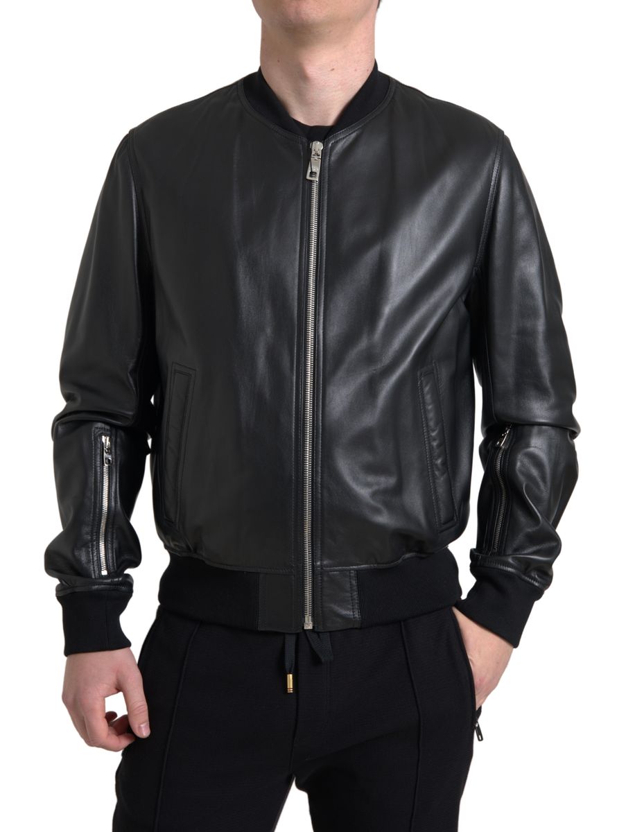Black Leather Full Zip Bomber Men Jacket