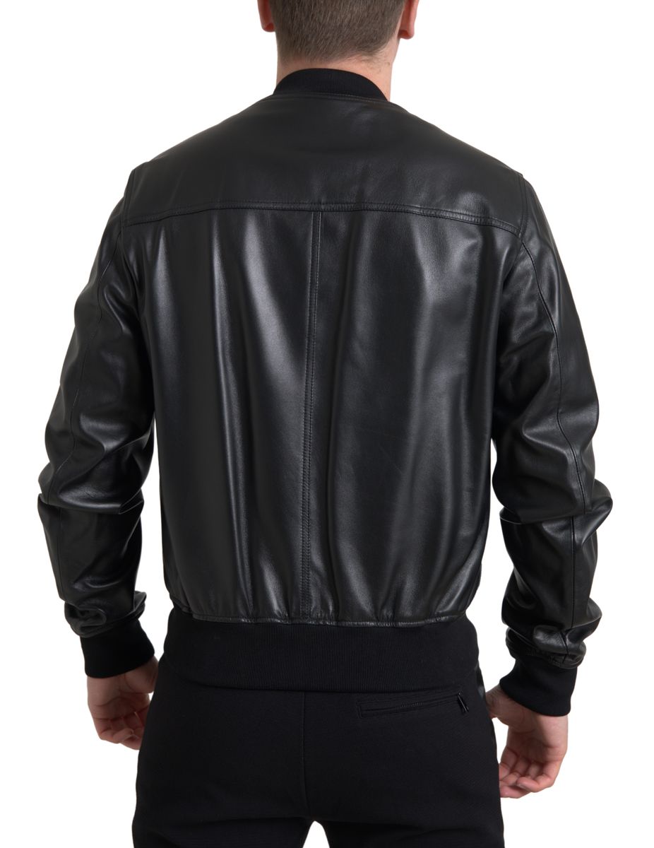 Black Leather Full Zip Bomber Men Jacket
