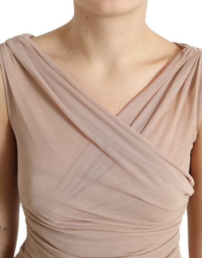 Beige Viscose V-neck Sleeveless Tank Top