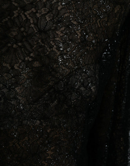 Black Floral Lace Sheer A-line Midi Dress