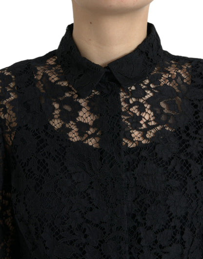 Black Floral Lace Long Sleeves Blouse Top