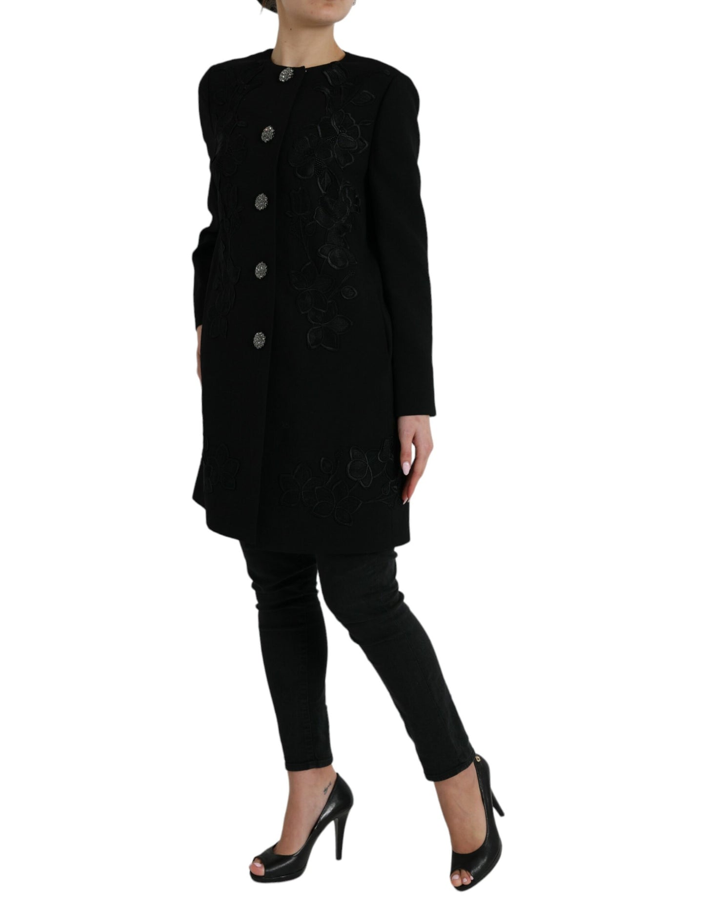 Black Floral Wool Button Embellished Jacket