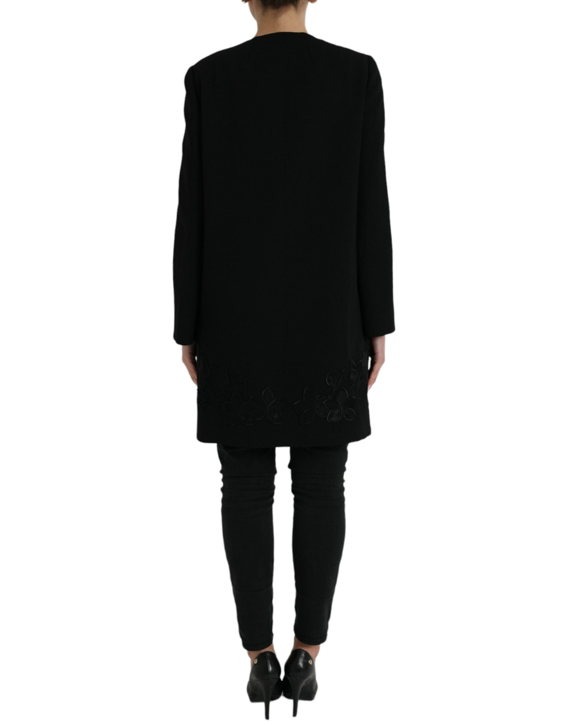 Black Floral Wool Button Embellished Jacket