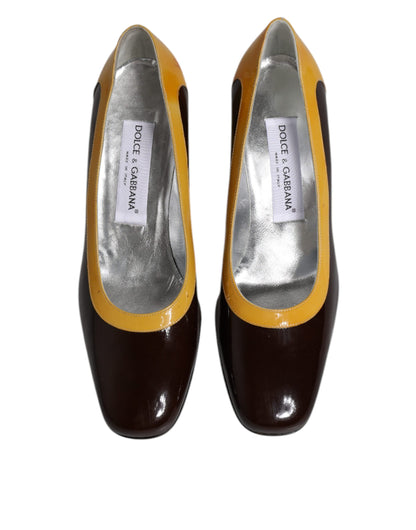 Yellow Brown Leather Block Heel Pumps Shoes