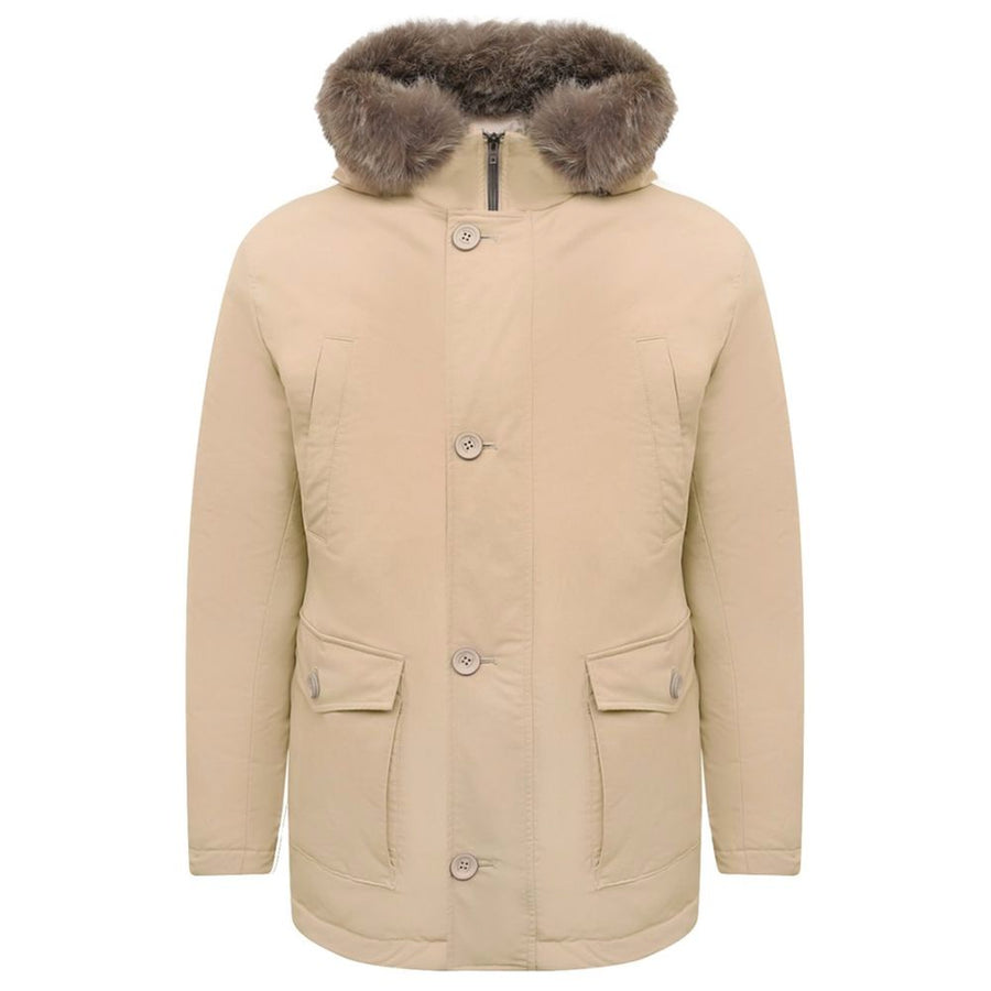 Beige Nylon Men Jacket with Fur-Trimmed Hood