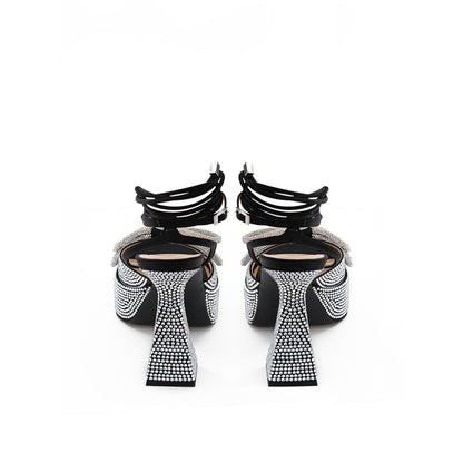 Black Leather Stiletto Heel Sandals