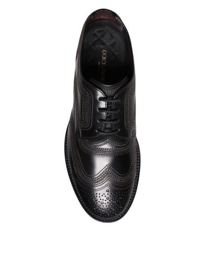 Black Embroidered Classic Leather Derby Dress Shoes
