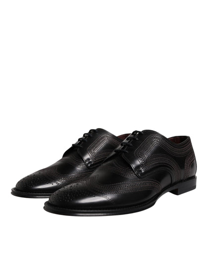 Black Embroidered Classic Leather Derby Dress Shoes
