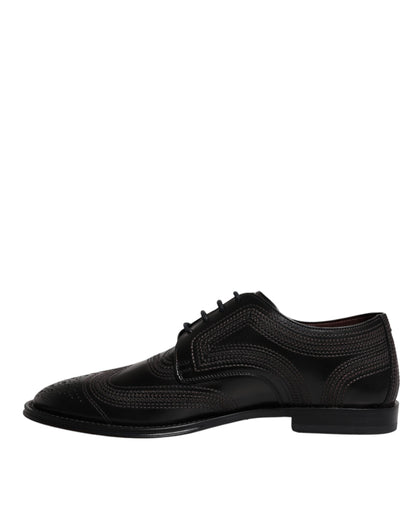 Black Embroidered Classic Leather Derby Dress Shoes