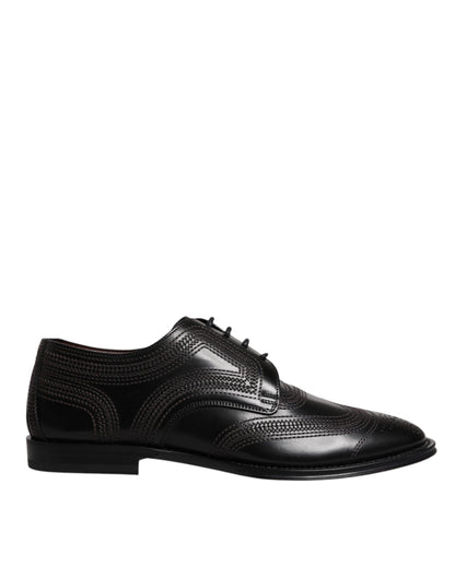 Black Embroidered Classic Leather Derby Dress Shoes