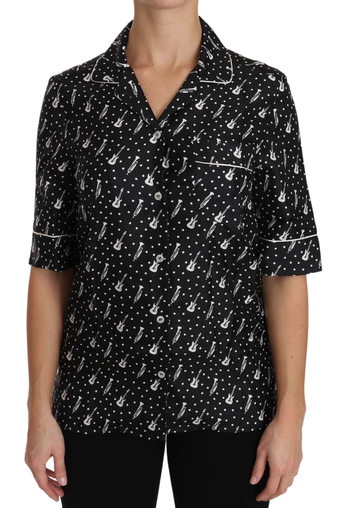 Black GuitarTrumpet Print Silk Shirt Top