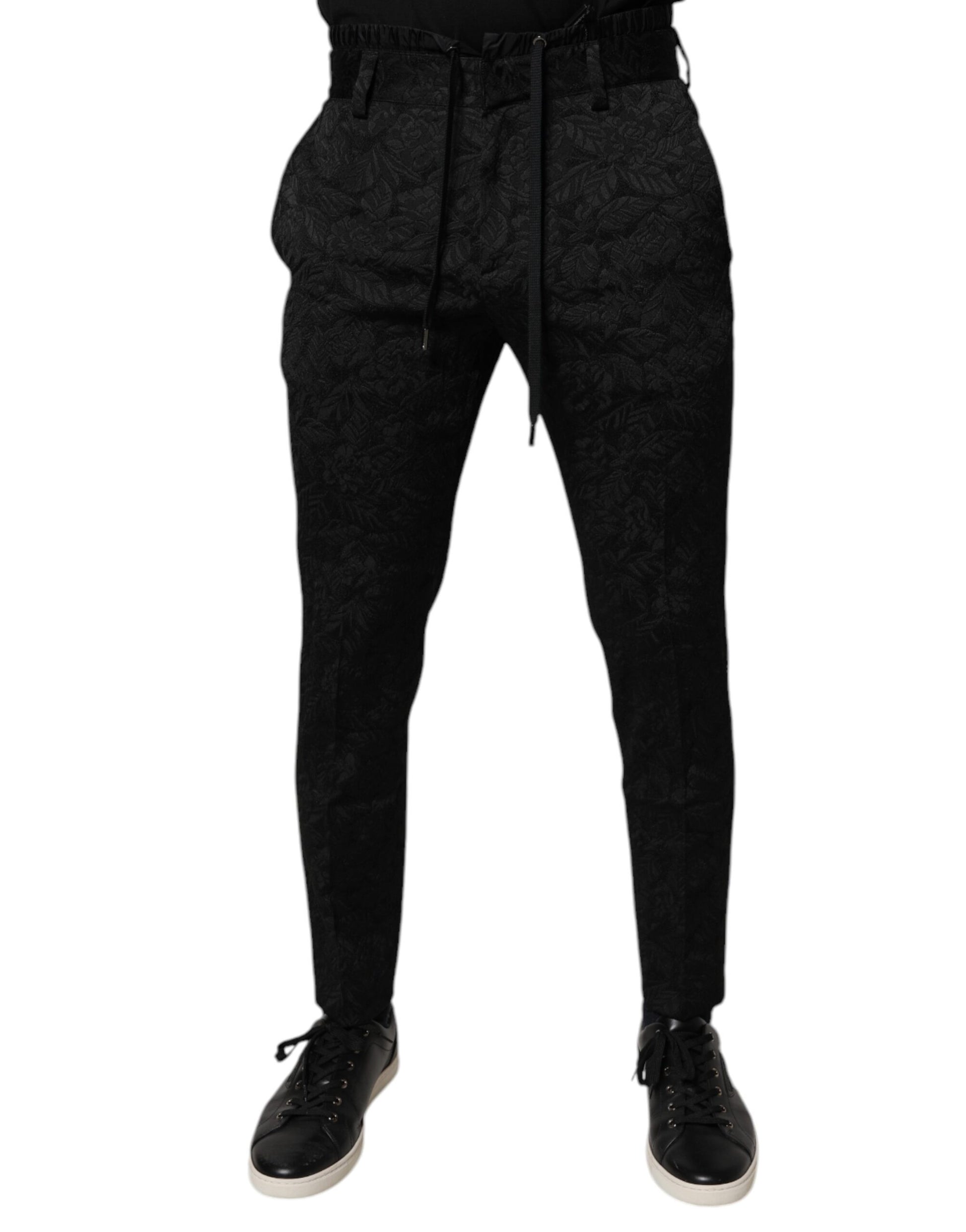Black Brocade Polyester Skinny Dress Pants