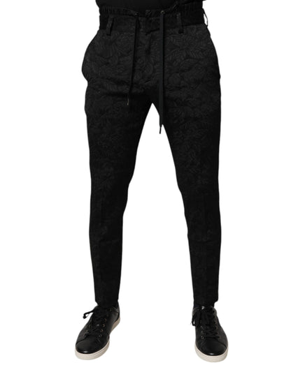 Black Brocade Polyester Skinny Dress Pants