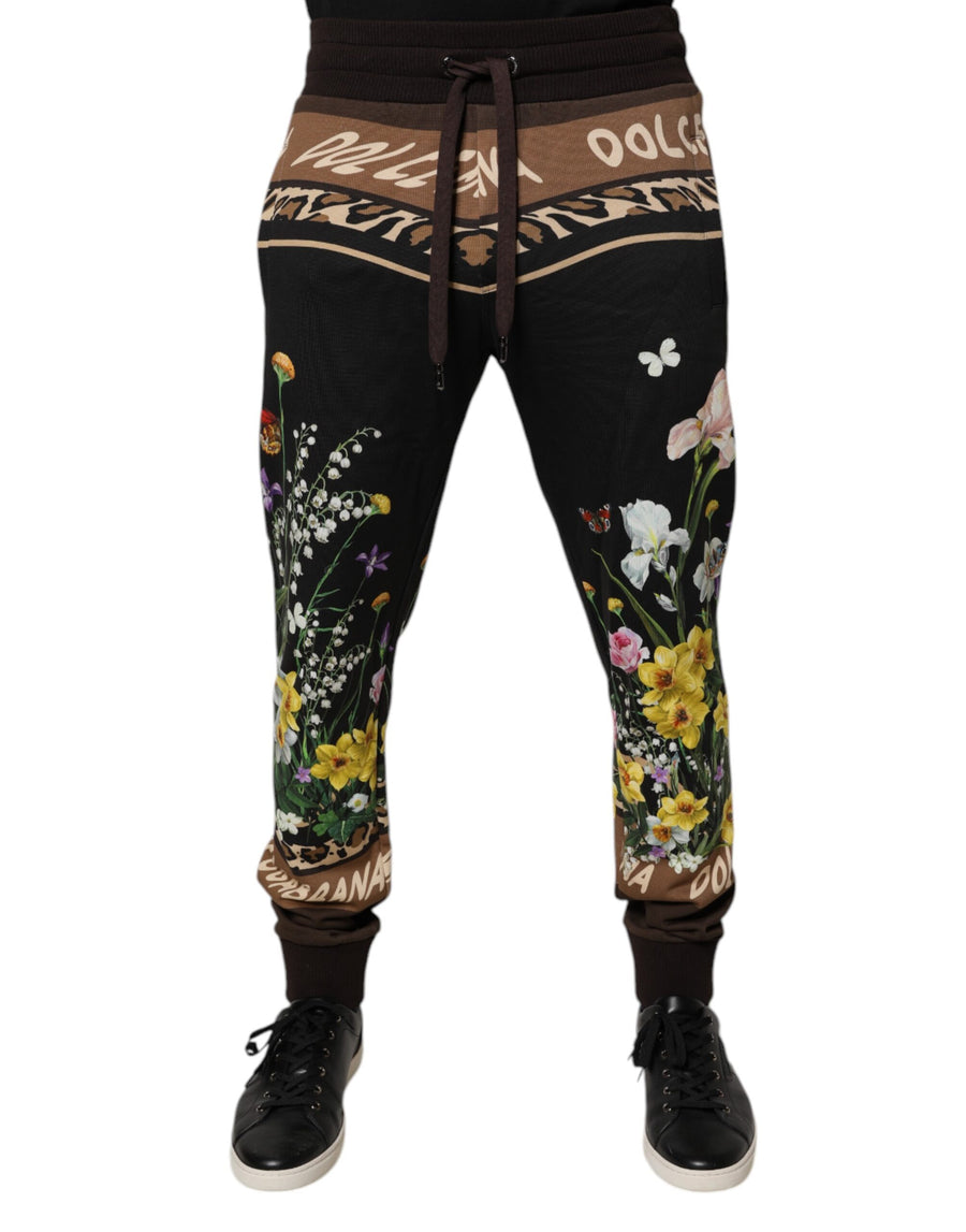 Black Floral Cotton Jogger Sweatpants Pants