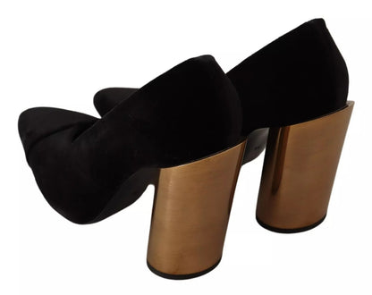 Black Leather Suede Block Heels Pumps Shoes