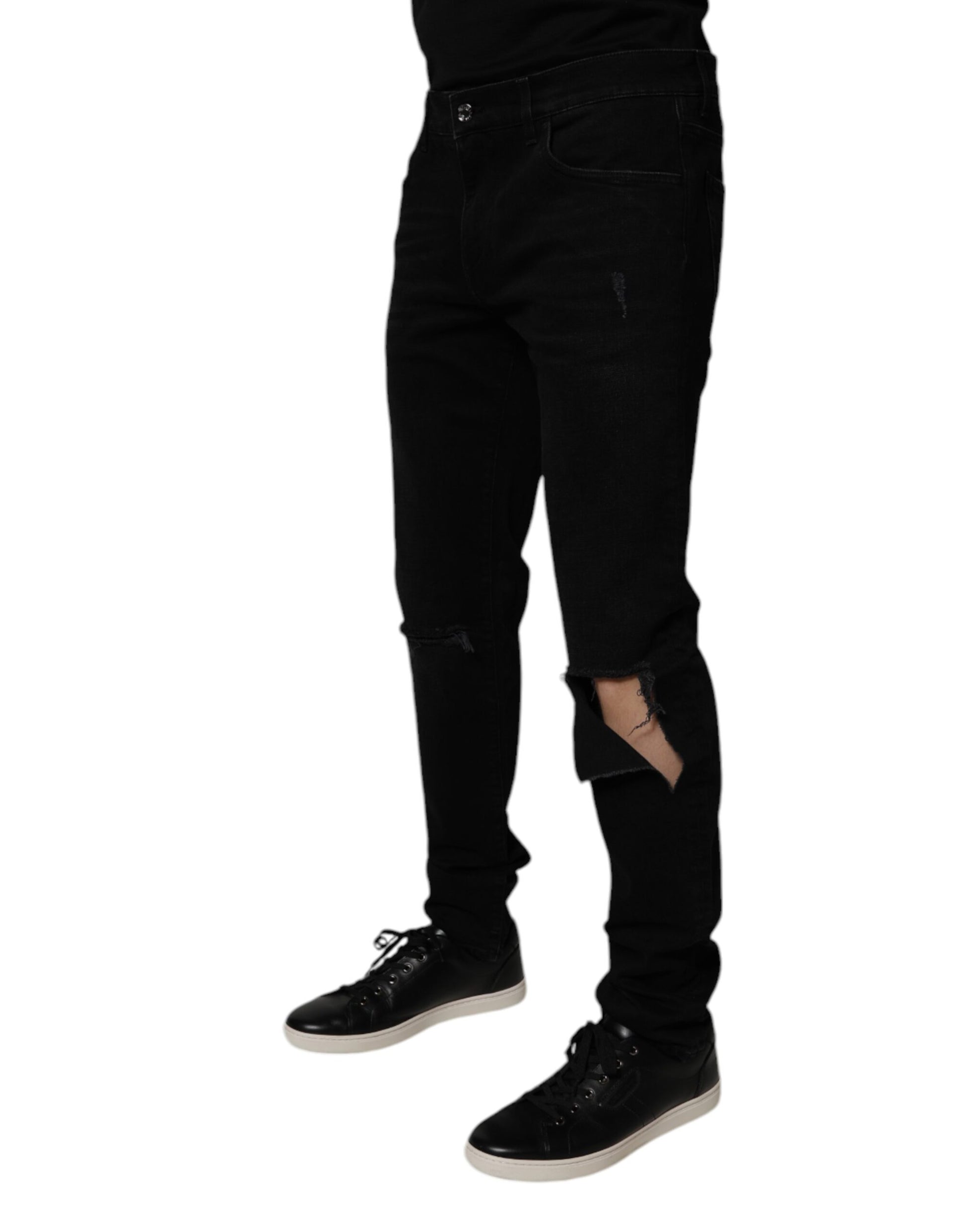 Black Cotton Tattered Skinny Men Denim Jeans