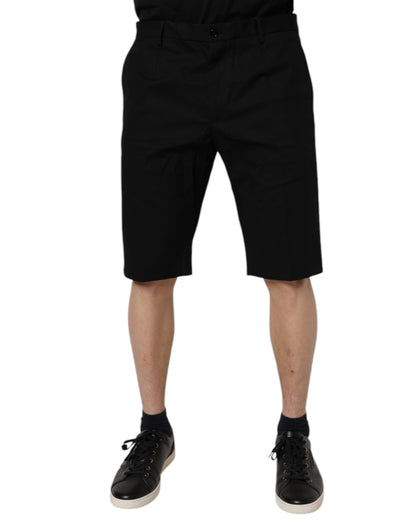 Black Cotton Stretch Mid Waist Bermuda Shorts