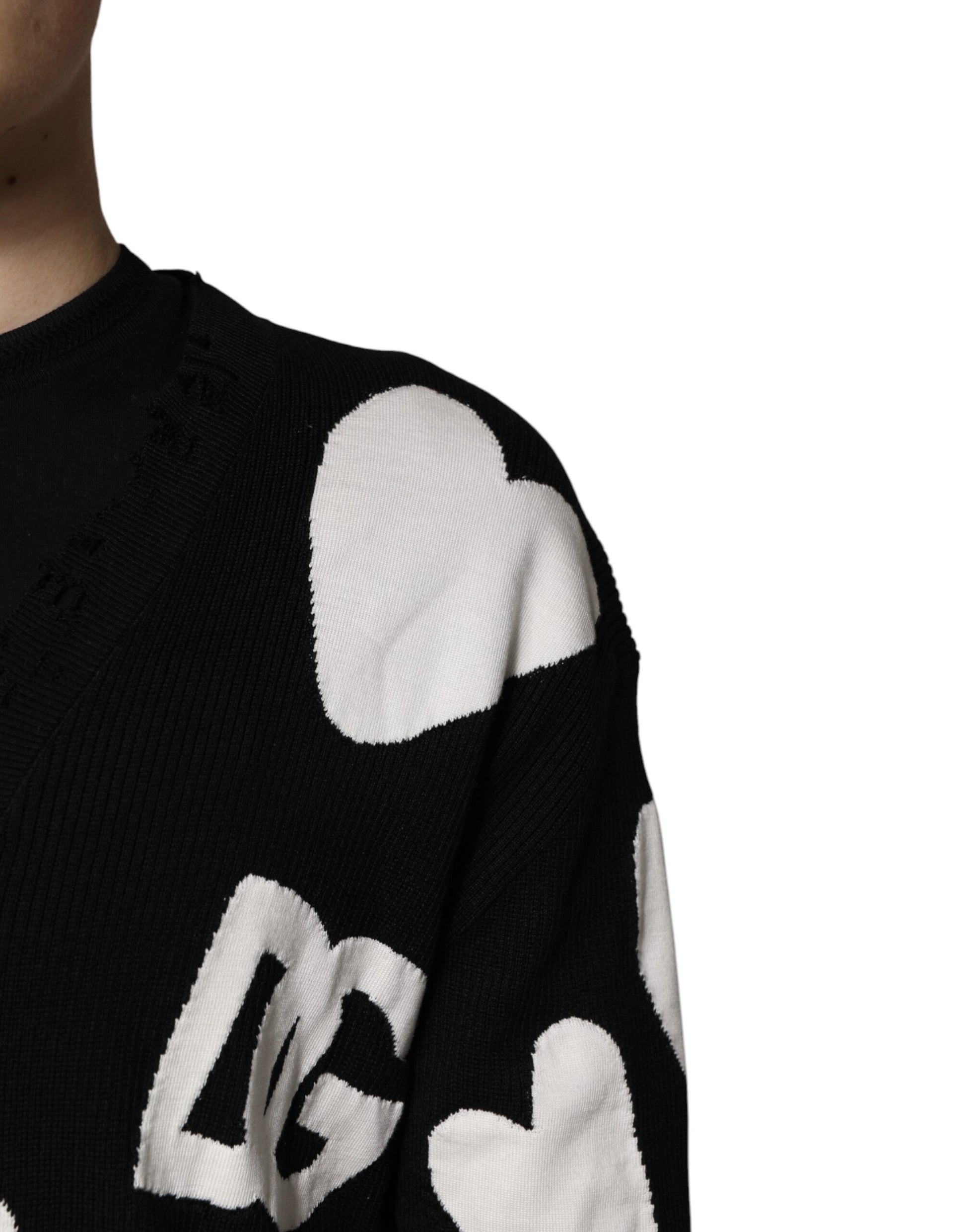 Black Hearts Silk Crew Neck Pullover Sweater