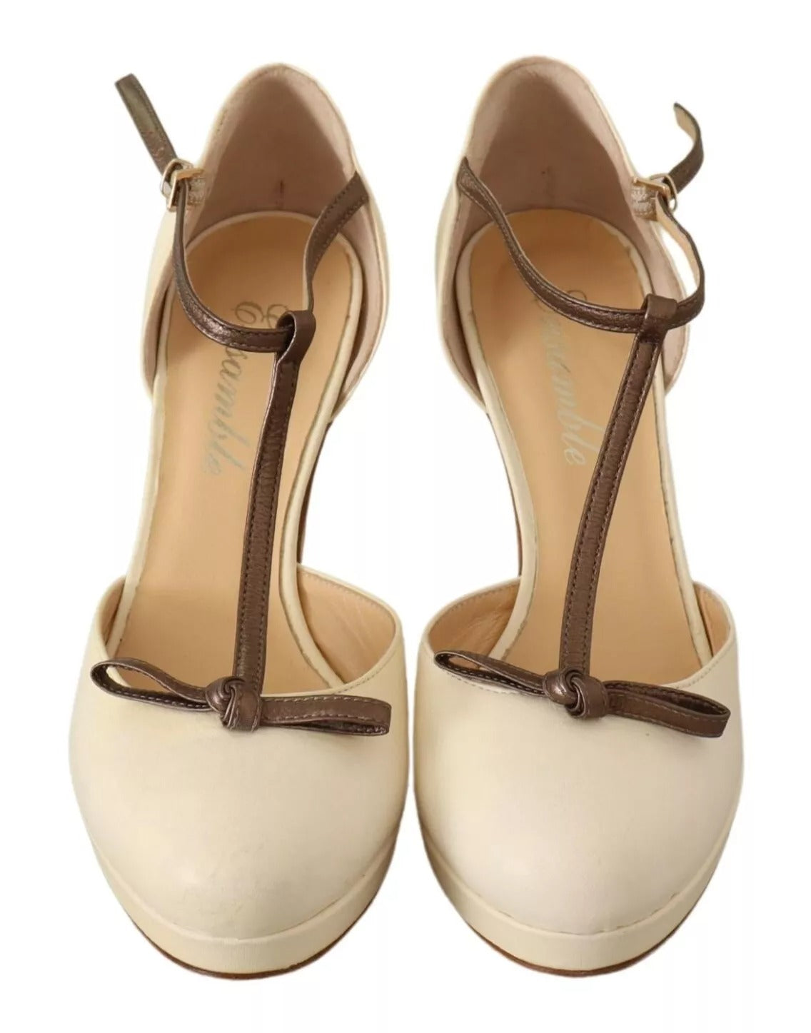 Beige T-Strap Block Heels Pumps Leather Shoes