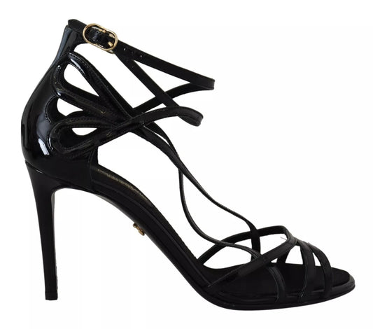 Black Leather Stiletto Heels Sandals Shoes
