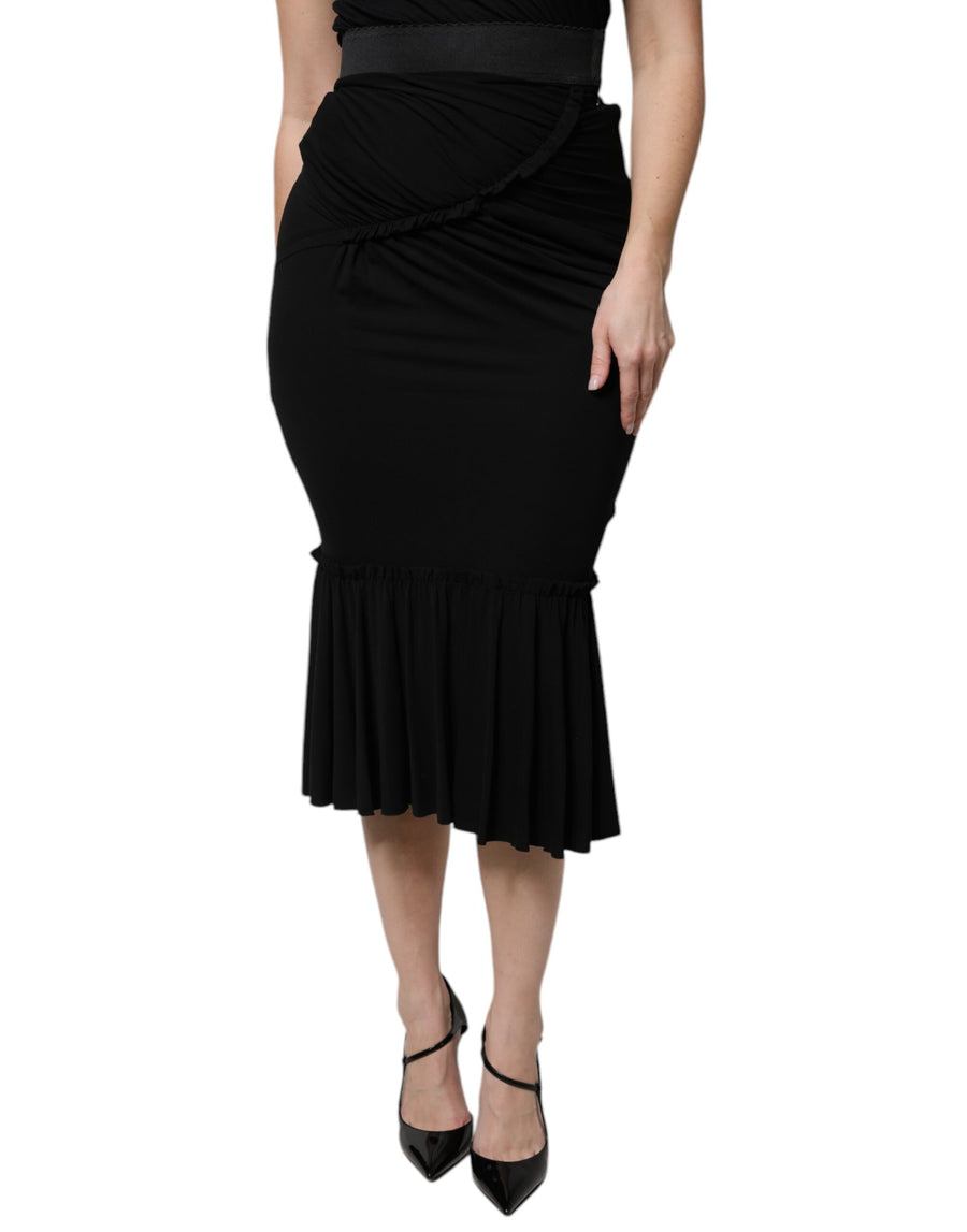 Black Mermaid Cut High Waist Midi Skirt