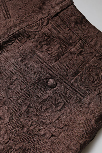 Brown Floral Brocade Mid Waist Mini Short