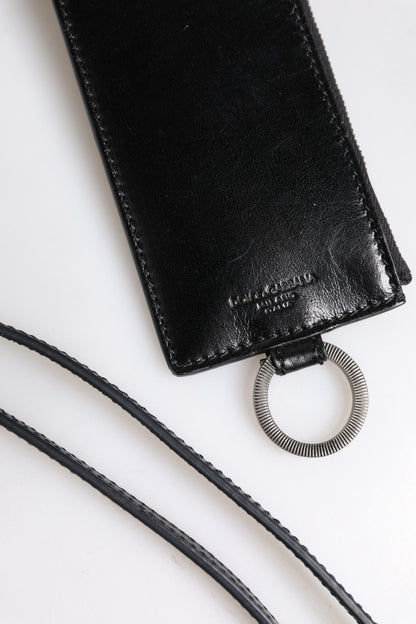 Black Leather Logo Embossed Lanyard Card Holder Wallet