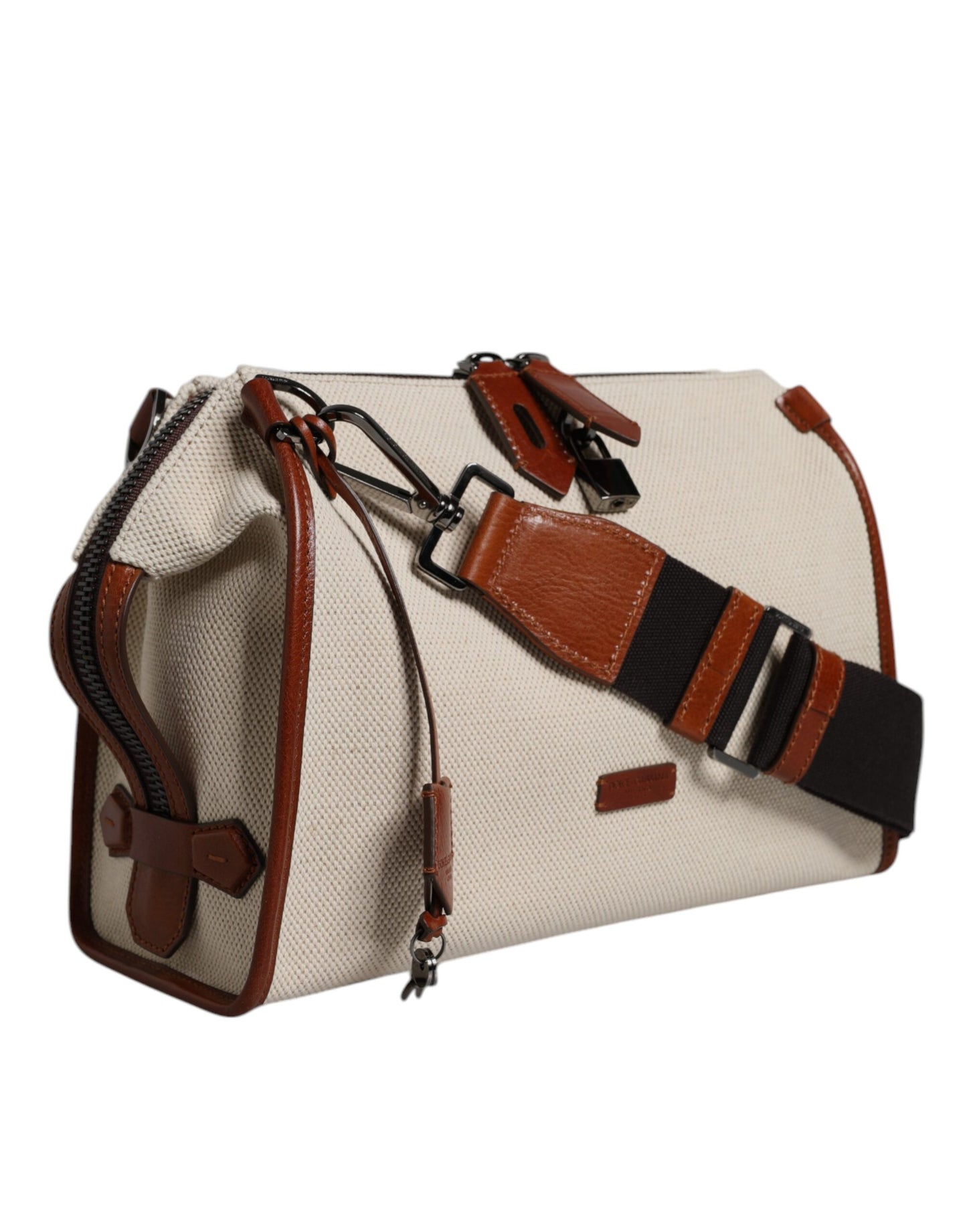 Beige Brown Cotton Leather Duffle Shoulder Bag