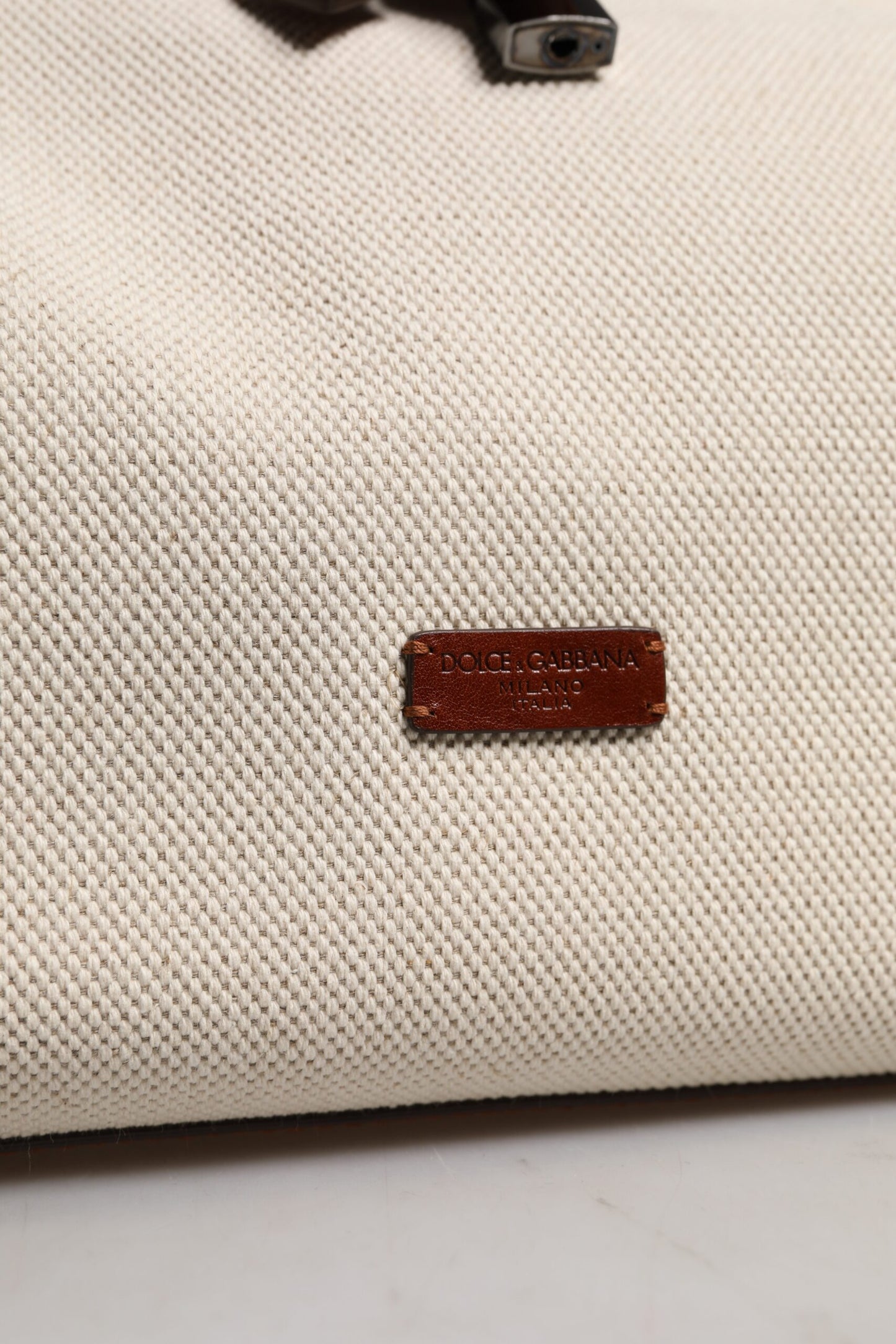 Beige Brown Cotton Leather Duffle Shoulder Bag