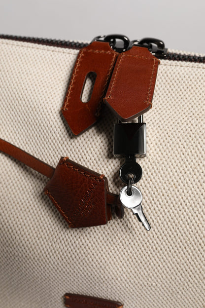 Beige Brown Cotton Leather Duffle Shoulder Bag