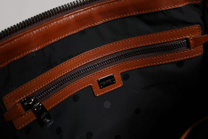 Beige Brown Cotton Leather Duffle Shoulder Bag