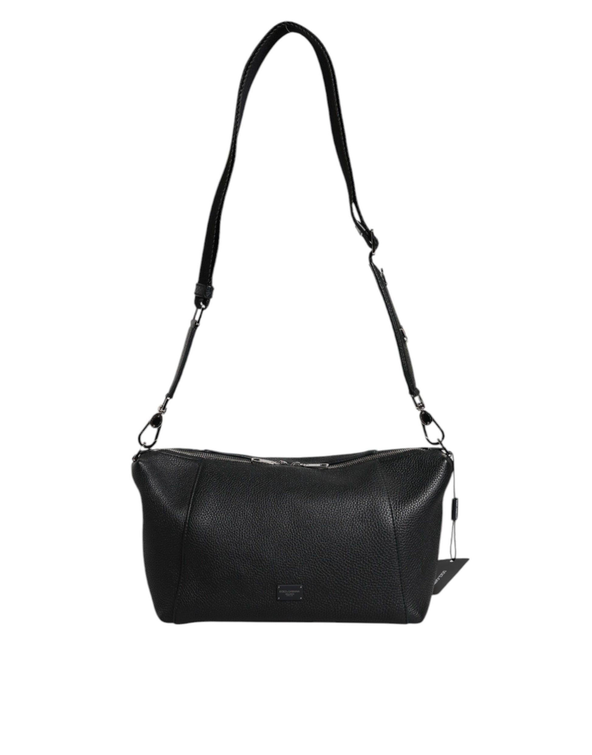 Black Leather Logo Plaque Shoulder Crossbody Bag