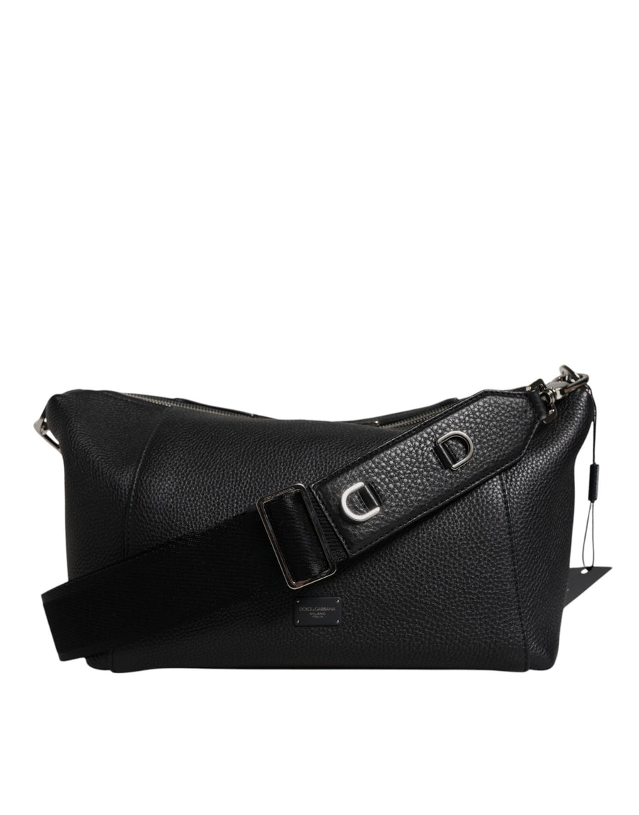 Black Leather Logo Plaque Shoulder Crossbody Bag