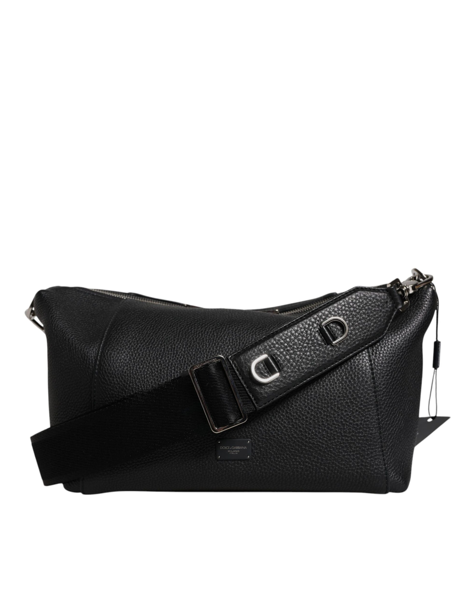 Black Leather Logo Plaque Shoulder Crossbody Bag