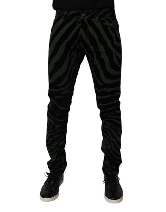 Black Green Stripes Cotton Skinny Denim Jeans