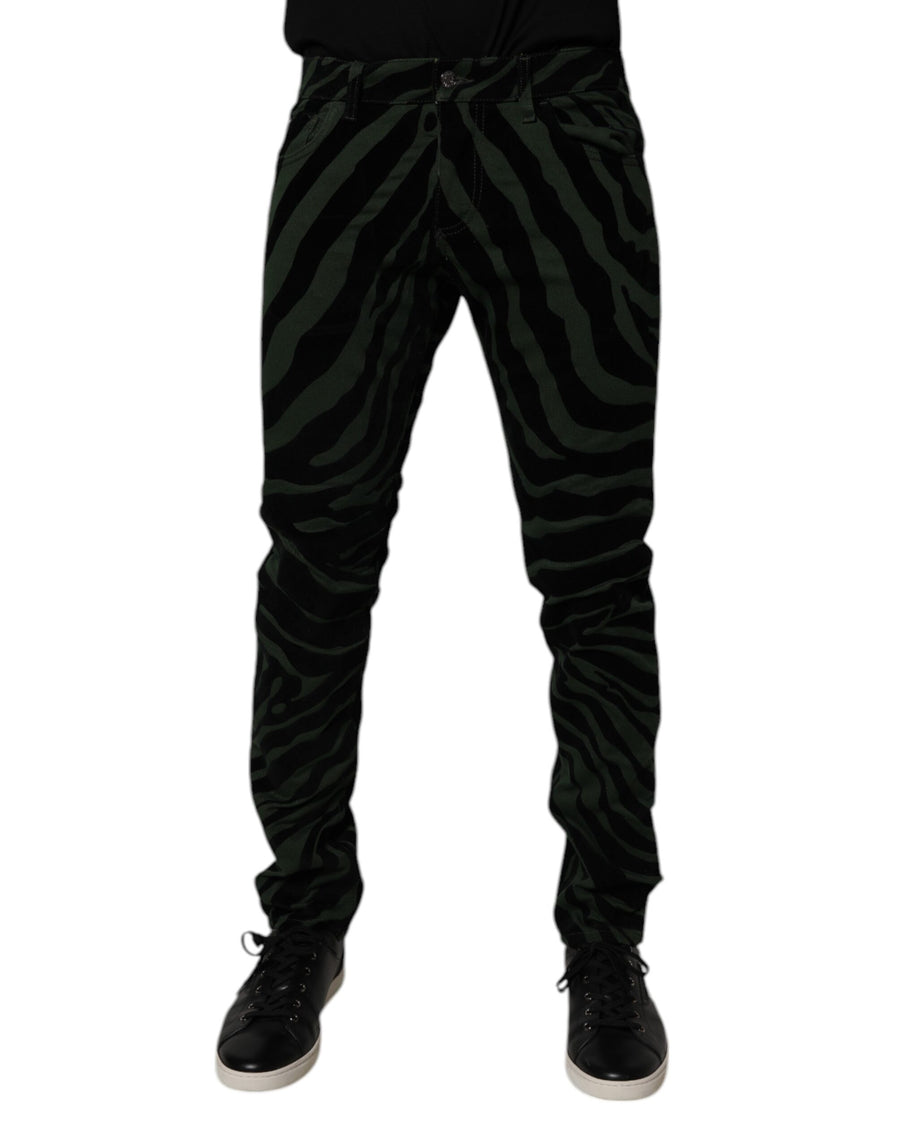 Black Green Stripes Cotton Skinny Denim Jeans