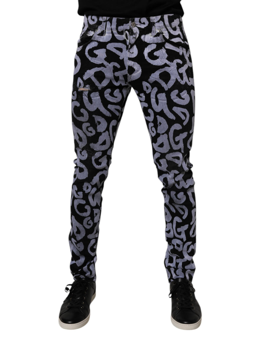 Black Logo Monogram Cotton Skinny Denim Jeans