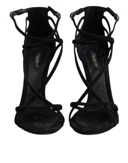 Black Leather Stiletto Heels Sandals Shoes