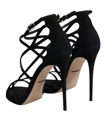 Black Leather Stiletto Heels Sandals Shoes