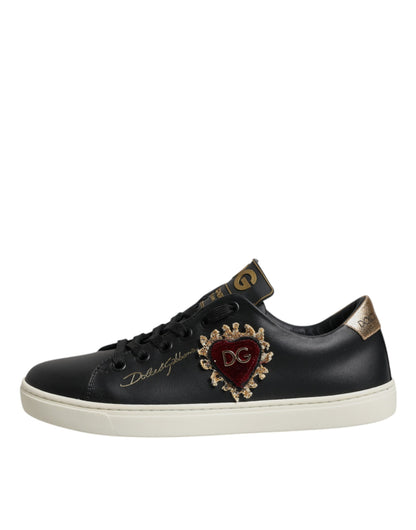 Black Leather Gold Red Heart Sneakers Shoes