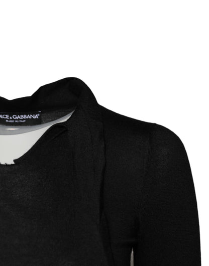 Black Cashmere Ascot Collar Long Sleeve Top