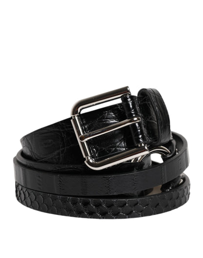 Black Exotic Leather Metal Logo Buckle Belt