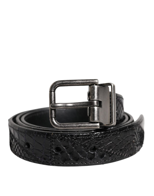 Black Exotic Leather Metal Logo Buckle Belt