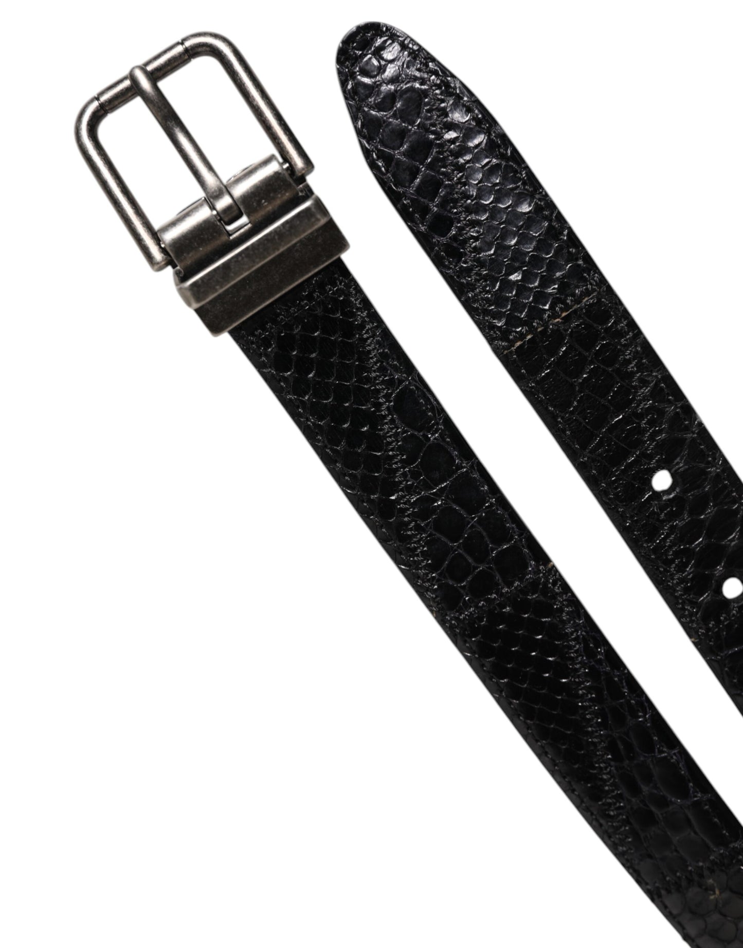 Black Exotic Leather Metal Logo Buckle Belt