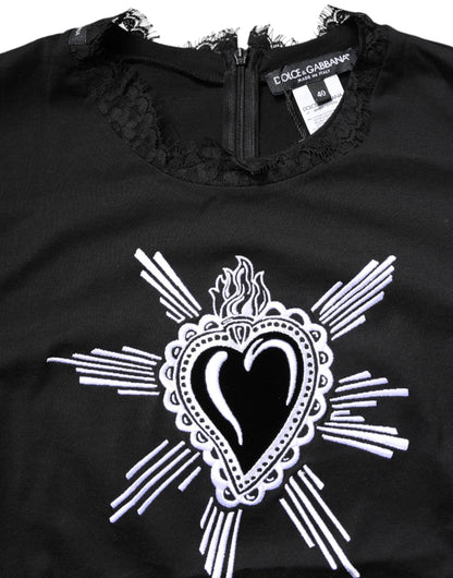 Black Lace Sheer Sacred Heart Crew Neck Top