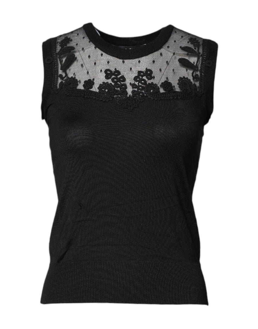 Black Lace Sheer Crew Neck Sleeveless Top