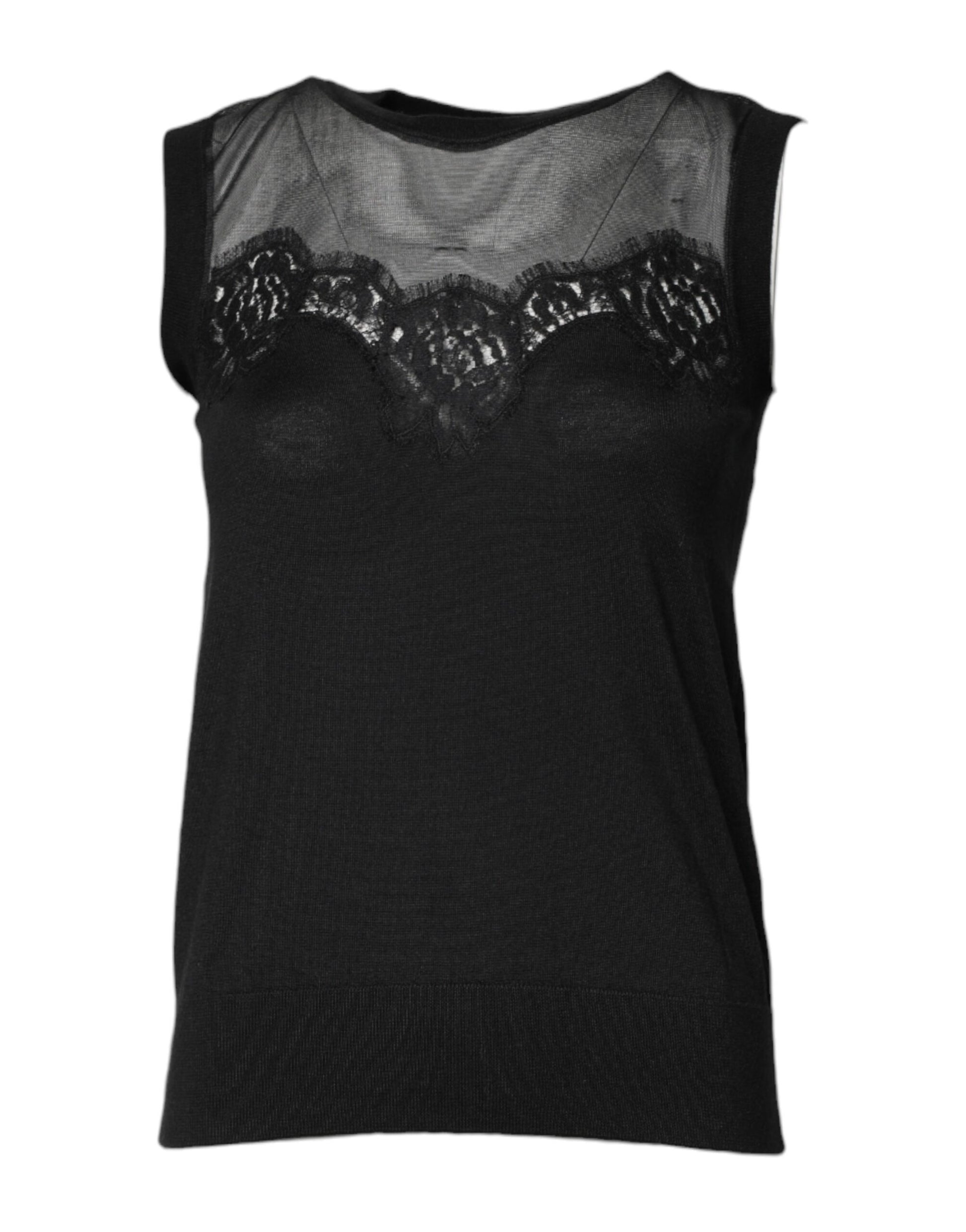 Black Lace Sheer Crew Neck Sleeveless Top