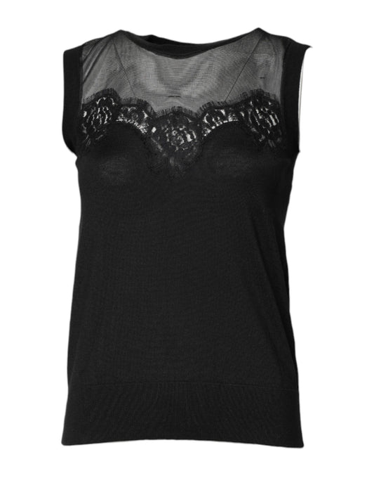 Black Lace Sheer Crew Neck Sleeveless Top
