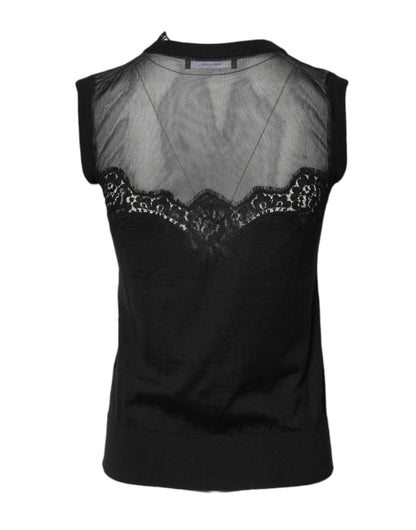 Black Lace Sheer Crew Neck Sleeveless Top