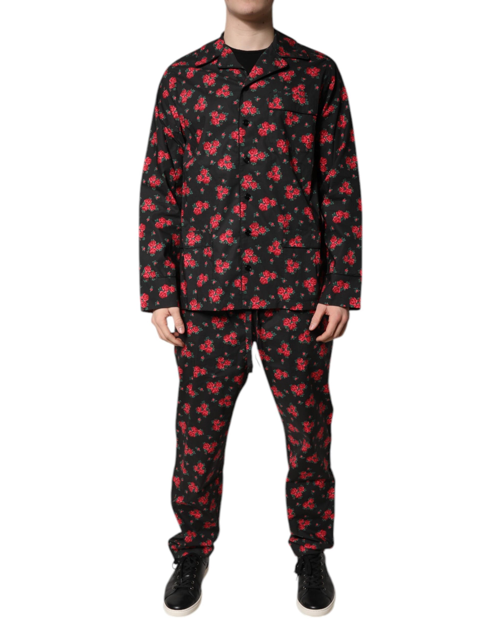 Black Floral Print Cotton Men Pajama Set Sleepwear